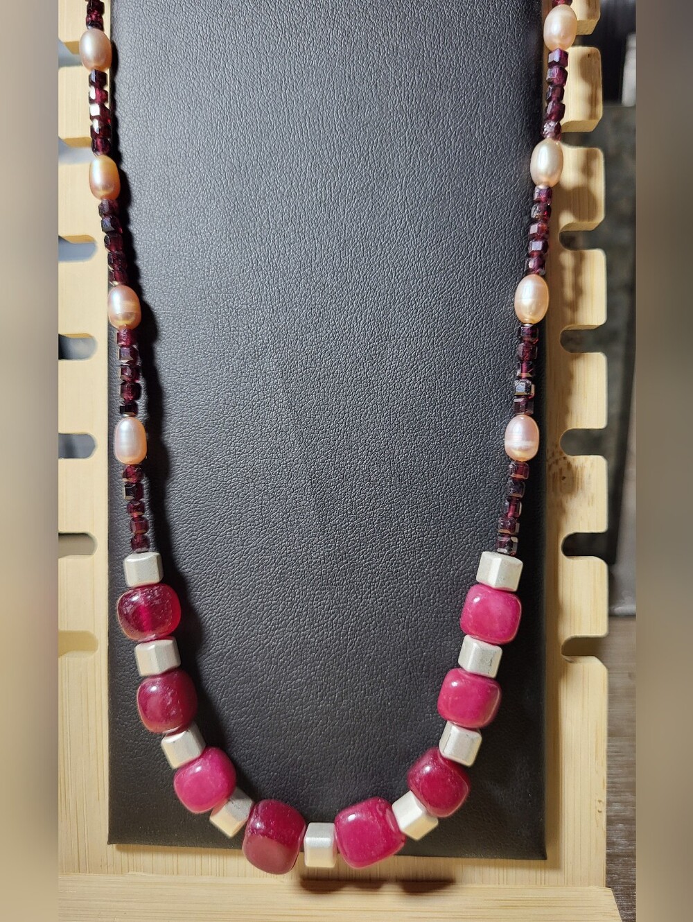 Handcrafted 26in Pink Bead and Pearl Necklace. Genuine Semi Precious Stones